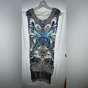 Unique Vintage 1920s Style Vintage Ivory & Black Mesh Fringe Flapper Dress